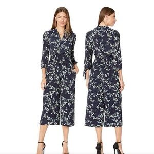 Lauren Ralph Lauren Navy Floral Midi Jumpsuit Smocked Waist V-Neck Size 14P